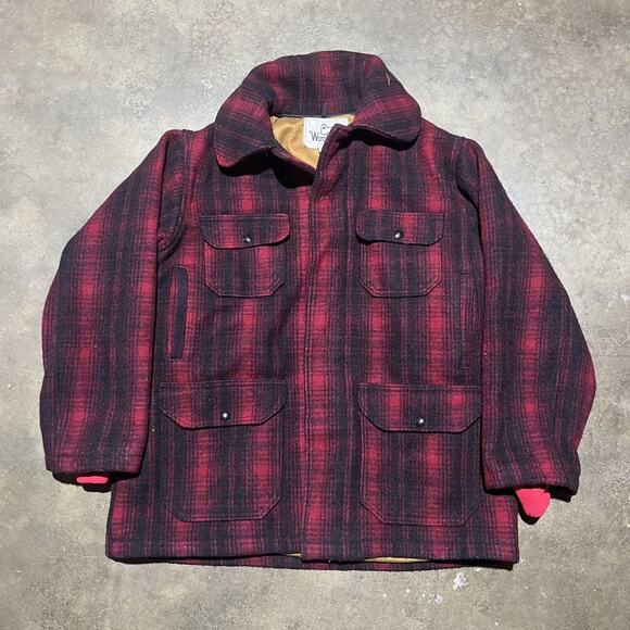 Vintage 60s Woolrich Red/Black Wool Mackinaw Jacket Coat - Picture 1 of 4